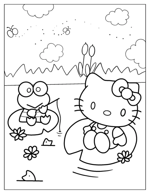 Hello Kitty og Keroppi sidder på åkandeblade.