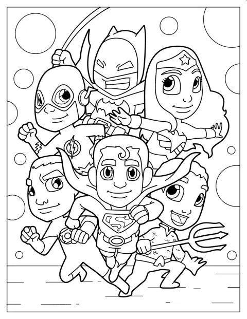 Justice Leagues helte står sammen i en sød tegneseriestil.