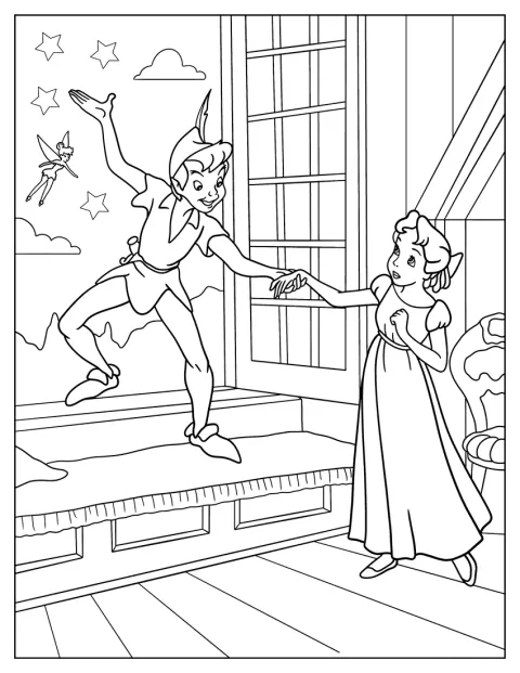Peter Pan ja Wendy lentävät yhdessä kohti Neverlandia.