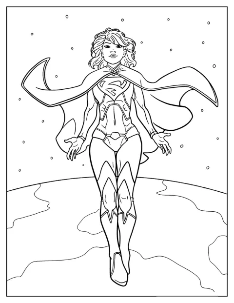 Supergirl vole au-dessus de la Terre, visible derrière elle dans l'espace.