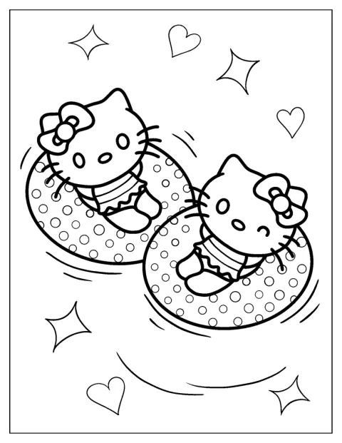 Hello Kitty și Mimmy se bălăcesc împreună în piscină.