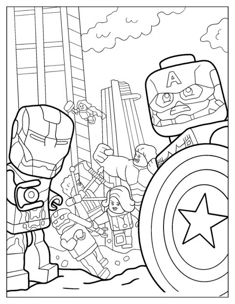 Captain America, Iron Man, Black Widow, Hawkeye a Thor stojí společně.