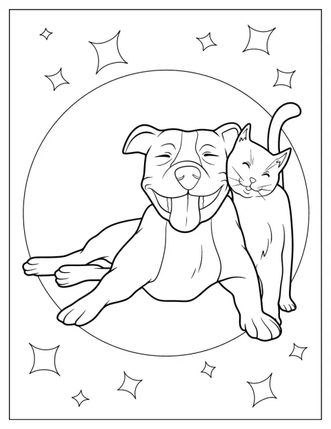 Ein Pitbull schmiegt sich gemütlich an eine Katze.