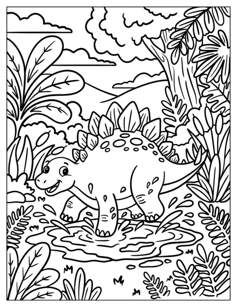 Stegosaurus Walking Through a Jungle Pond Coloring Sheet