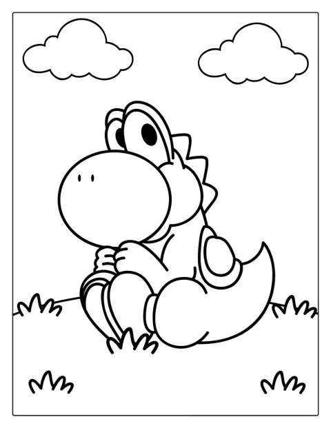 Yoshi aranyos stílusban ül a mezőn.