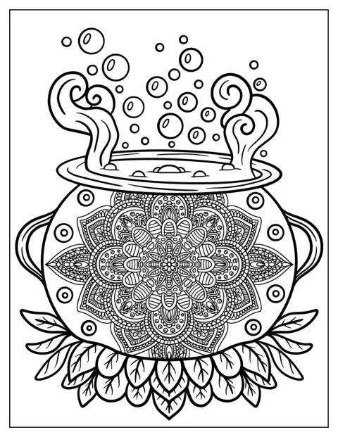 Boiling Cauldron With Halloween Mandala Coloring Page