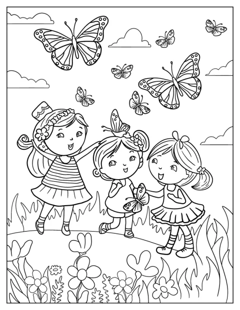 Three Children Enjoying The Butterflies