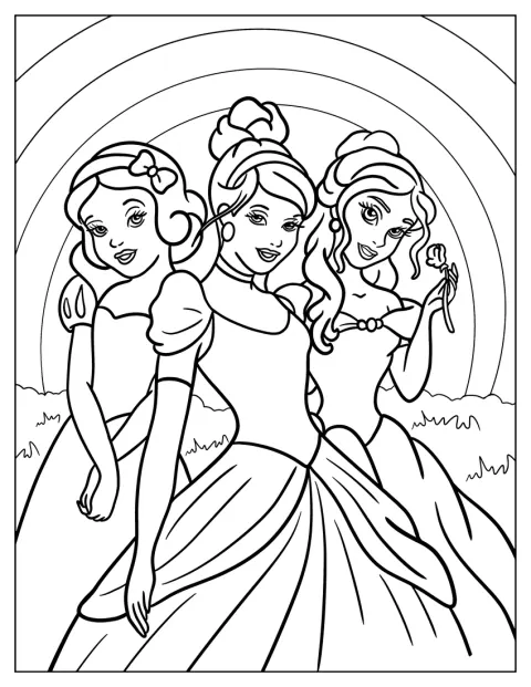 Framför en regnbåge står Snövit, Cinderella och Belle.