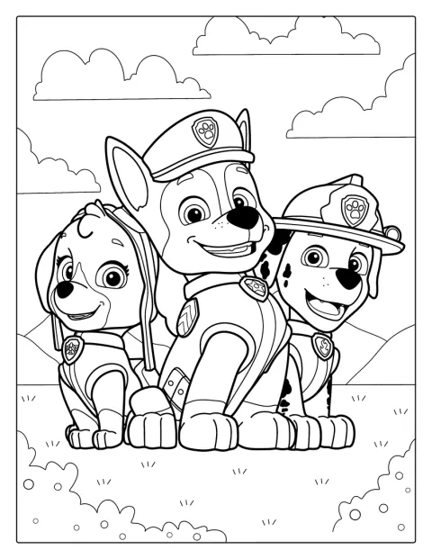 Chase, Skye och Marshall från Paw Patrol står tillsammans.