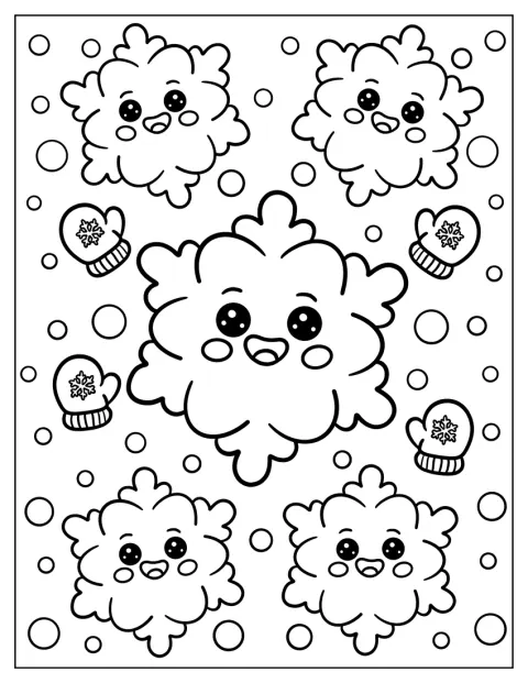 Varios copos de nieve kawaii aparecen entre lunares.