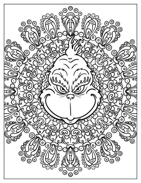 Il Grinch fa una smorfia al centro di un elaborato mandala di fiori.