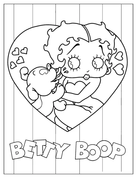 Betty Boop und Pudgy stehen gemeinsam in einem großen Herz.