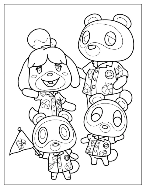 Marie pose avec Tom Nook, Tommy et Timmy.