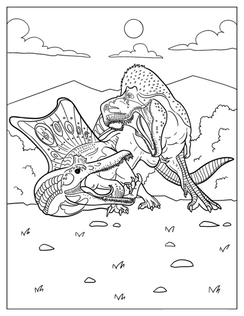 Een T-Rex en een Spinosaurus vechten met elkaar.