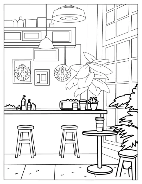En Starbucks-café ligger mellem planter i krukker.