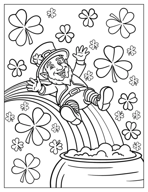 En lille leprechaun rutsjer ned ad en regnbue mod en gryde med guld.
