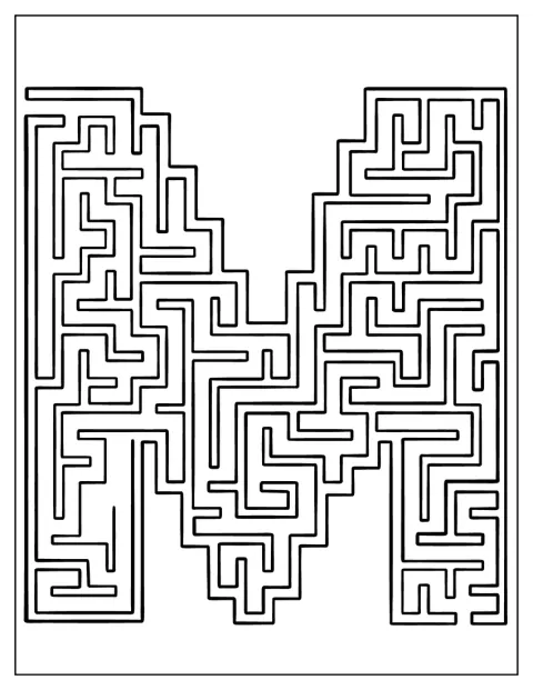 La lettera M è disegnata come un percorso a labirinto.