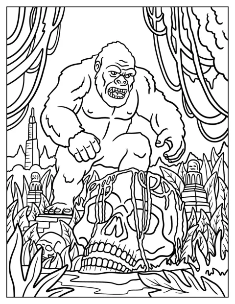 I en skog trampar King Kong på enorma dödskallar.