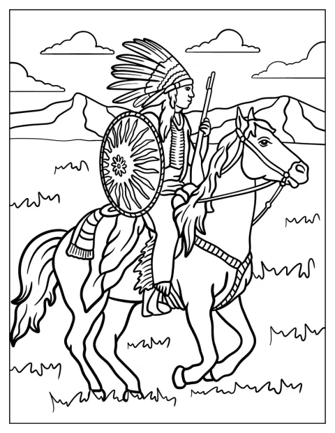 Una persona nativa americana cavalca un cavallo.