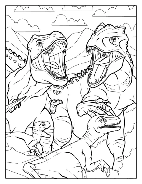 Egy T-Rex több Velociraptorral küzd meg.