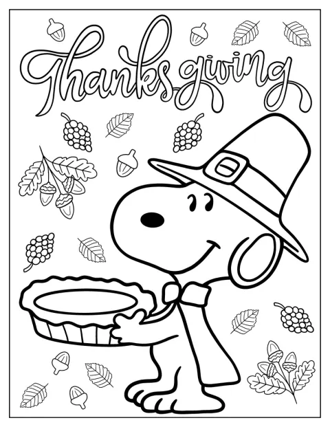 Snoopy přenáší koláč na oslavu Dne díkůvzdání.