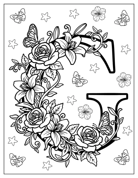 Et elegant G med seriffer er dækket af blomster og sommerfugle.