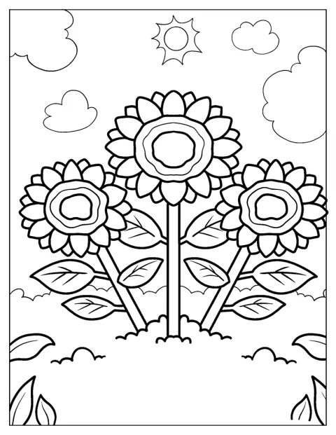 Mai multe flori-soarelui desenate ca personaje cresc sub soare.