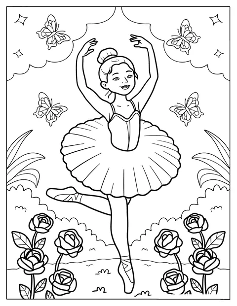 Una ballerina danza circondata da farfalle e rose.