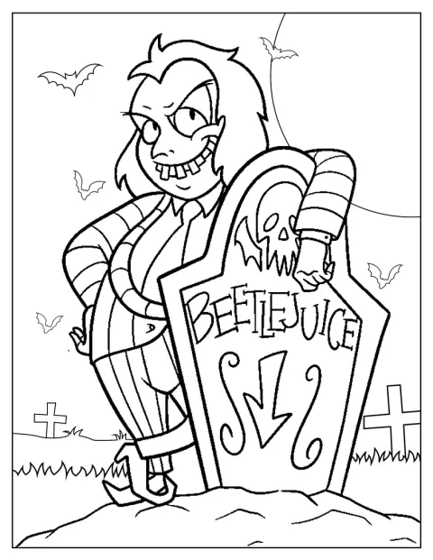 Beetlejuice steht neben einem Grabstein.