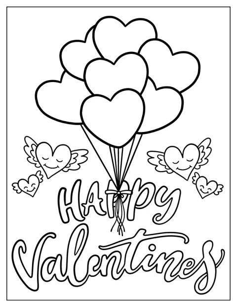 Balony-serca unoszą się nad napisem „Happy Valentine’s Day”.