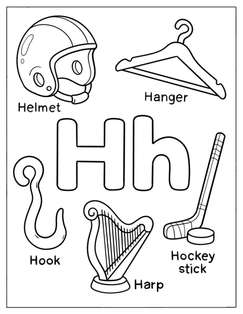 Un cintre, un casque, une crosse de hockey, une harpe et un crochet illustrent la lettre H.