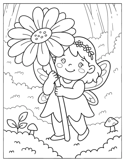 Egy tündér hatalmas virágot visz keresztül az erdőn.