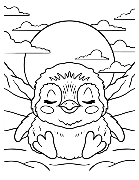 Um pinguim recém-nascido encontra-se na neve.