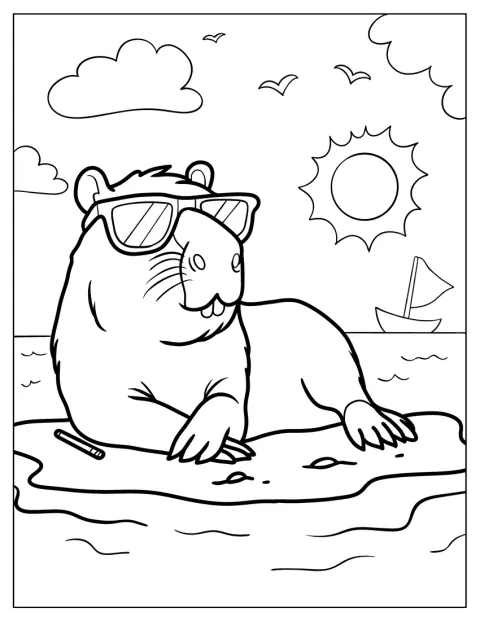 Uma capivara repousa ao sol junto à água, numa praia.