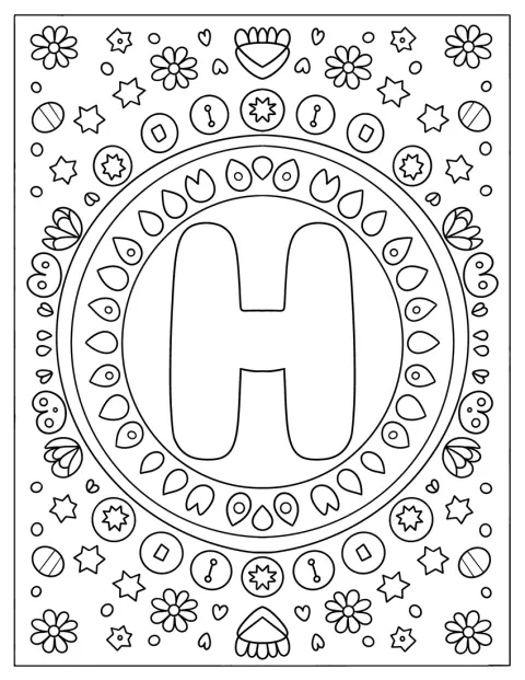 Curvy Big Letter H Coloring Page Inside a Circle with Flowers, Raindrops, and Stars