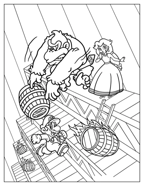 Donkey Kong hordókat hajít Super Mario felé.