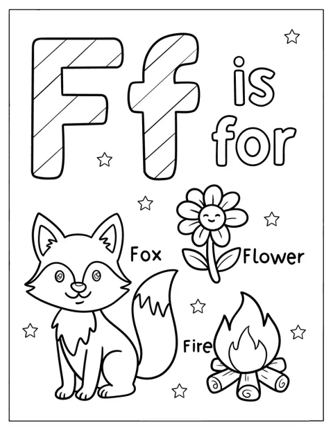 Un renard, des flammes et une fleur sont associés à la lettre F.