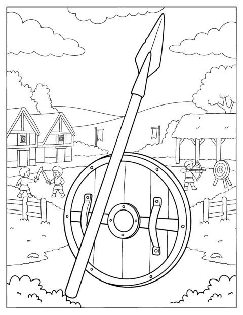 Una lanza y un escudo destacan en una aldea vikinga.