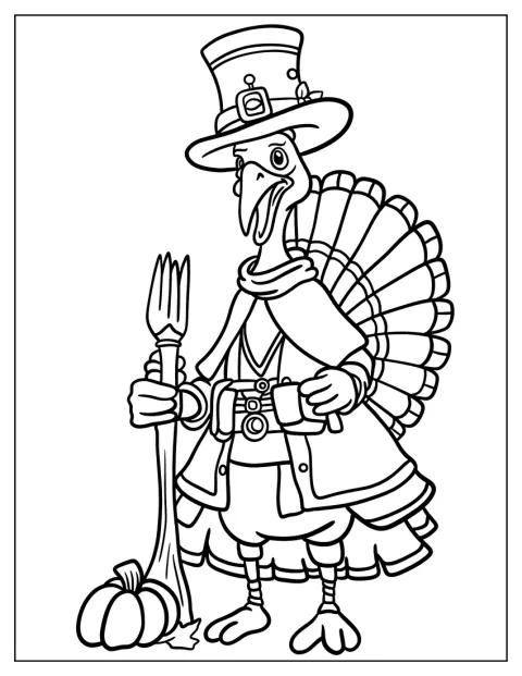 Um peru de desenho animado está vestido como um peregrino.