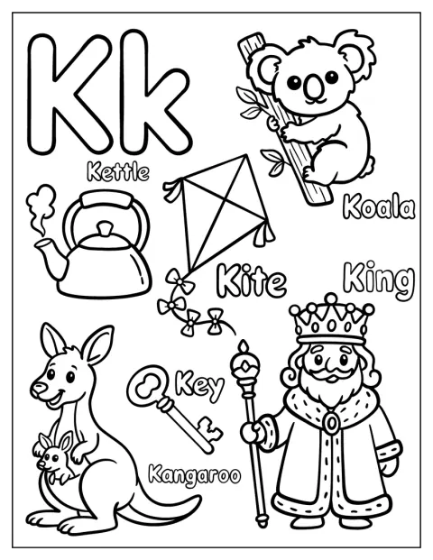 Kの文字の周りに、やかん、凧、カンガルー、コアラ、鍵、王様があります。