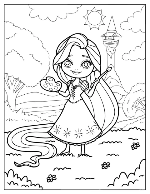 Rapunzel maler et bilde ute i naturen.