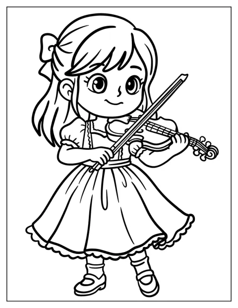 Una niña con vestido toca el violín de pie.
