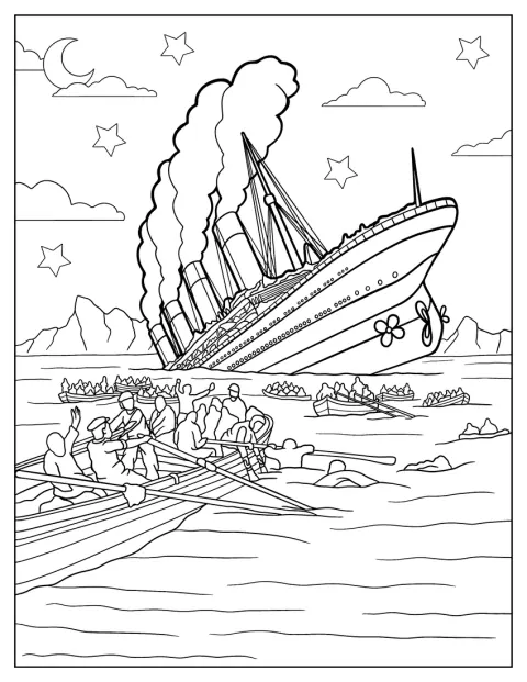 Selviytyjät soutavat pelastusveneellä kauemmas uppoavasta Titanicista.