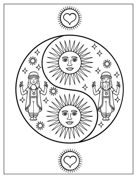Des personnages hippies et des soleils décorent le symbole yin et yang.