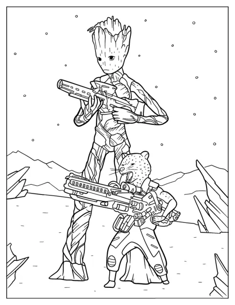 Groot og Rocket skyter med våpnene sine mens de svever ute i verdensrommet.