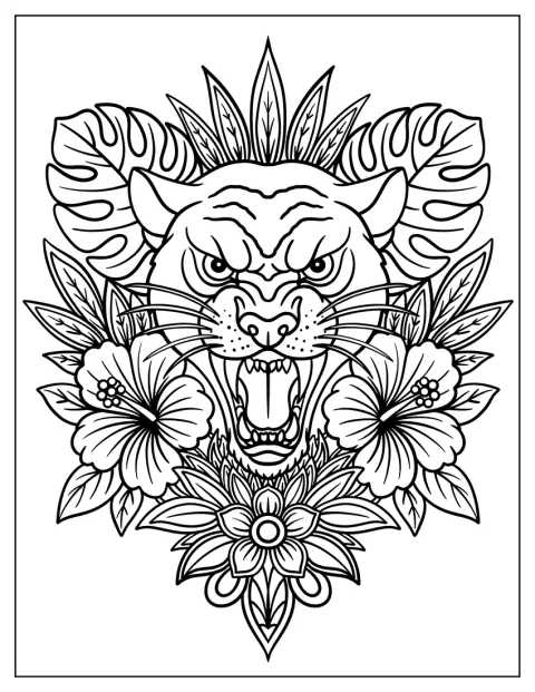 Et tigerhode er omgitt av hibiskusblomster og tropiske blader.
