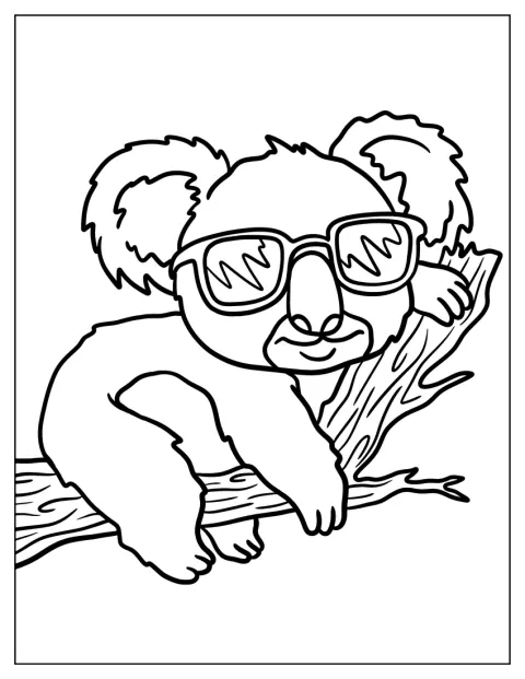 Un koala con gafas de sol duerme plácidamente sobre una rama.