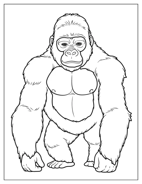 Un gorila fuerte permanece erguido y mira con calma.