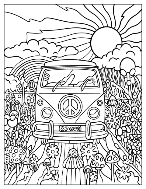 Ein Hippie-Bus fährt auf einer kurvigen Straße vorbei an Blumen und Pilzen.