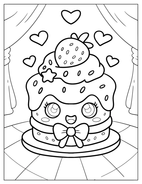 Un gâteau à la fraise souriant porte un joli nœud.